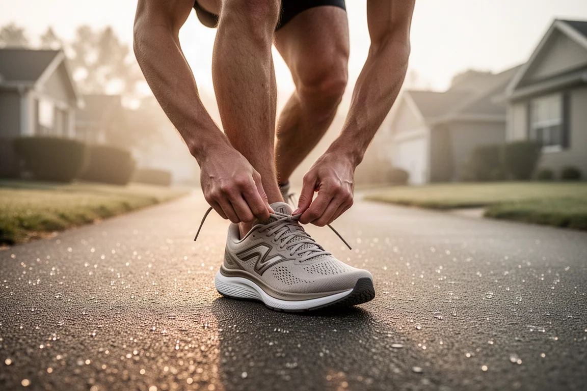 Runner lacing up a cushioned daily trainer before an easy morning run