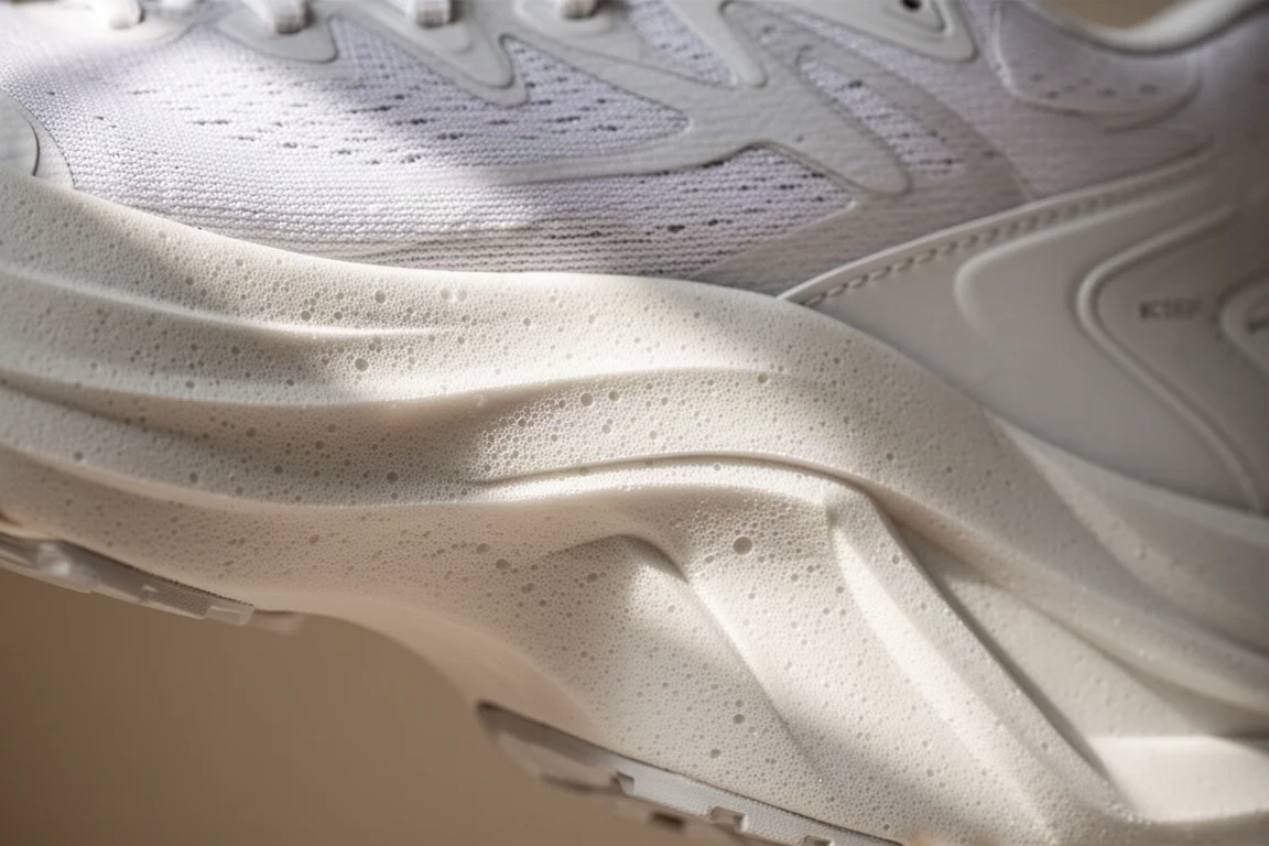 Close-up of thick midsole foam on a running shoe showing cushioning structure