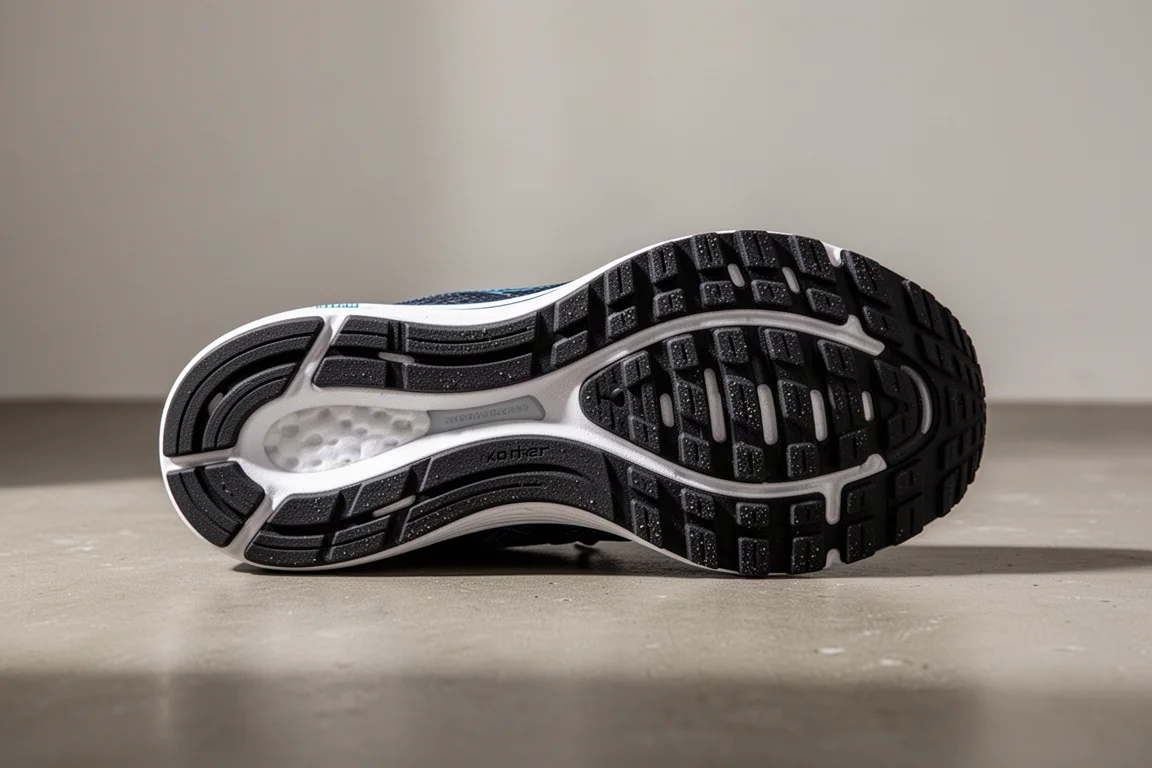 Worn outsole rubber of a running shoe resting on concrete