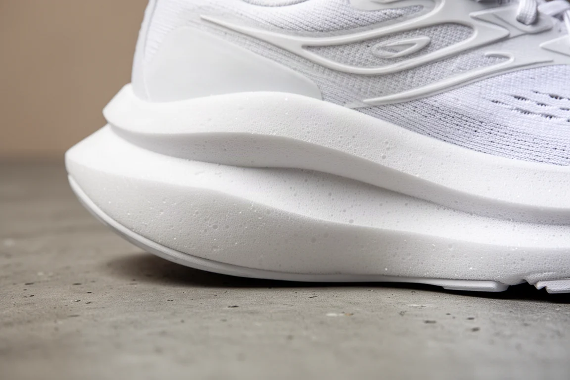 Close-up of thick white midsole foam on a cushioned running shoe