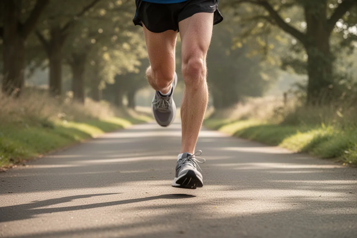 Runner's feet mid-stride on a paved path in soft afternoon light