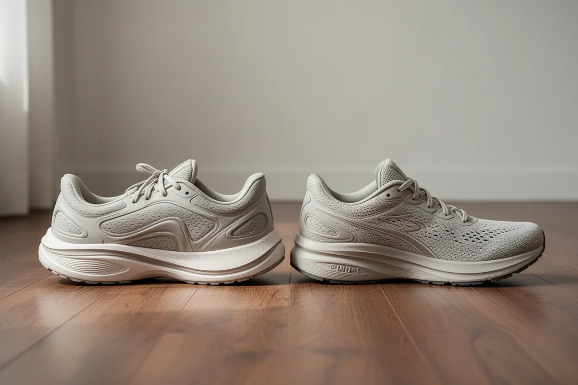 Two running shoes placed toe to toe on a wooden floor for comparison