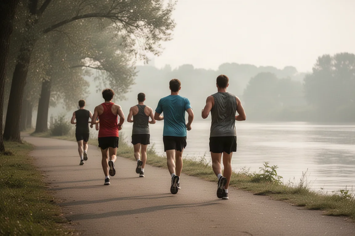 Runners on an easy group run along a riverside path in morning light