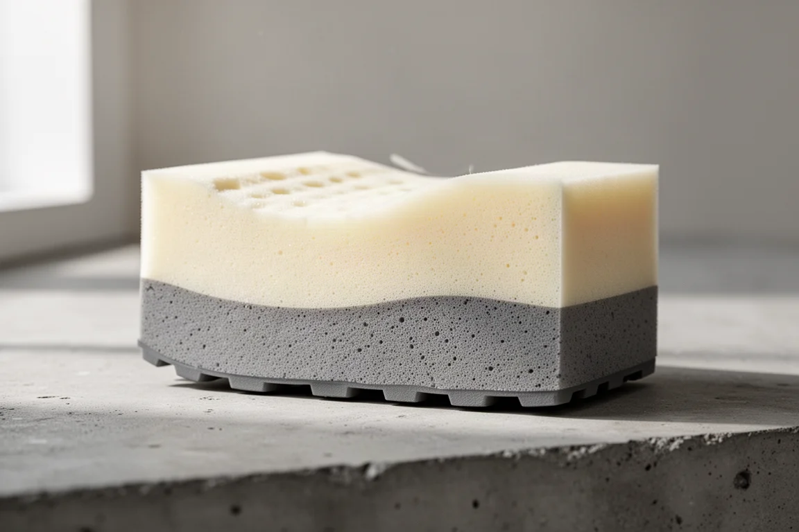 Close-up van de tussenzool van een hardloopschoen met tweekleurige dubbele foam-lagen
