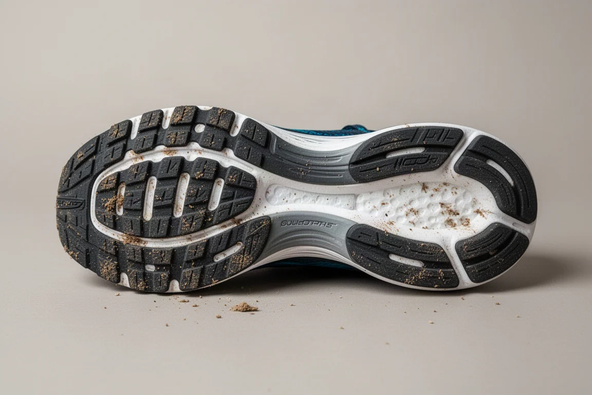 Zool van een hardloopschoen met volledige rubberen bedekking na een lange duurloop