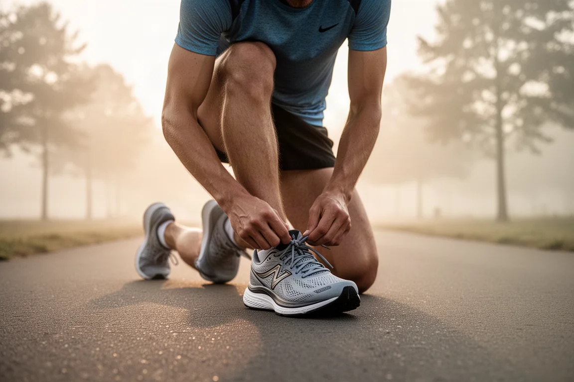 Runner tying the laces of a stability running shoe on a quiet suburban path