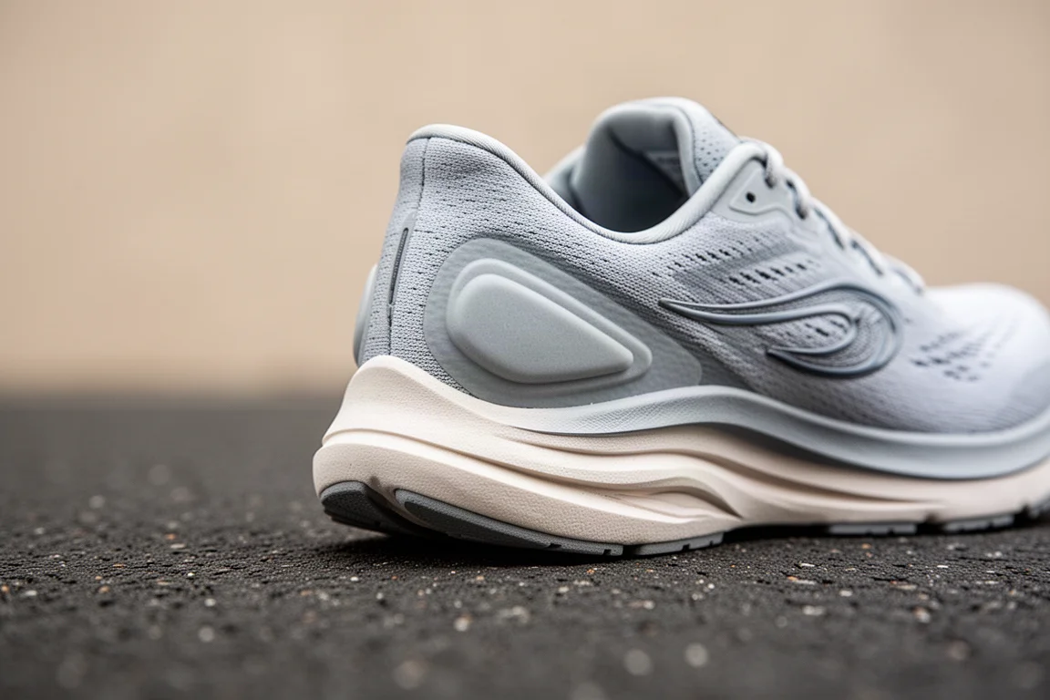 Close-up of a running shoe heel bevel on smooth tarmac