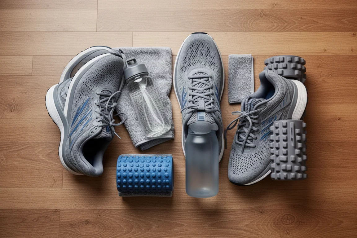 Flat-lay of two running shoes and running gear on a wooden floor