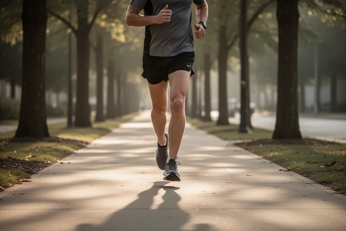 Runner walking at an easy pace on a tree-lined sidewalk in soft light