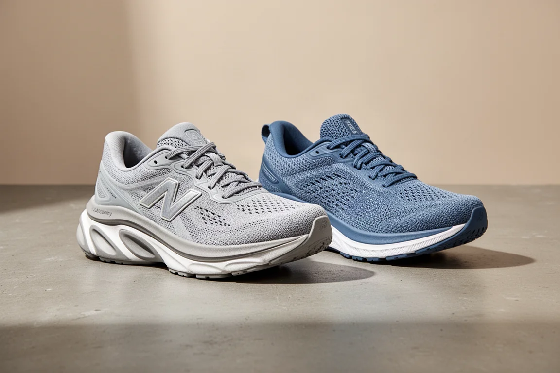 Two New Balance stability running shoes side by side on a concrete surface