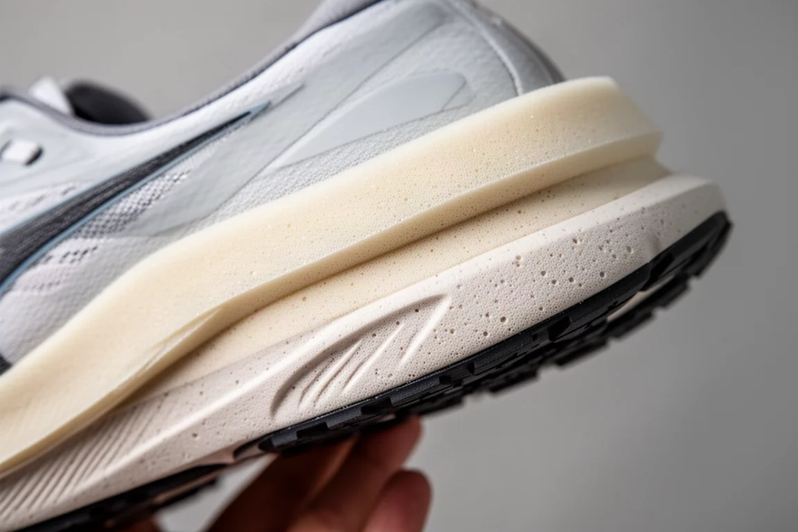 Close-up van de tussenzool van een hardloopschoen met dichte onderste foamlaag