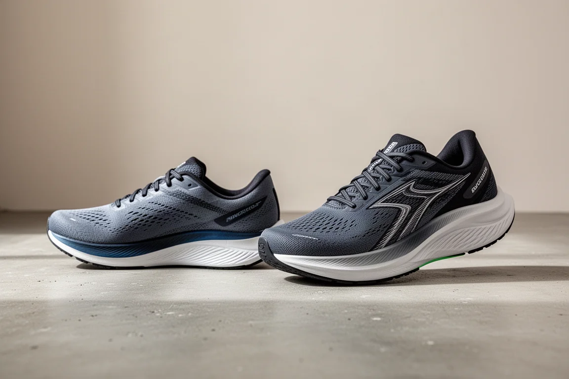 Paar hardloopschoenen naast elkaar met verschillende hellingshoeken van de hiel