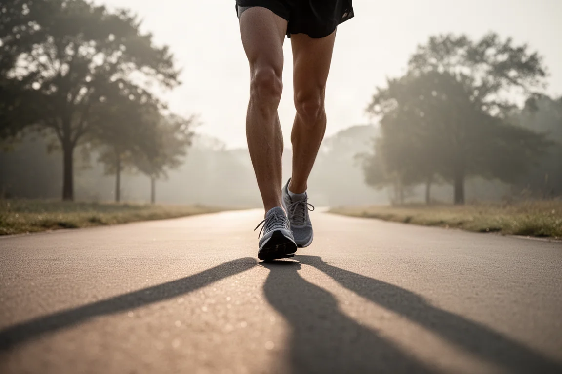 Löpare som går på en asfalterad stig i mjukt morgonljus i klumpiga sneakers