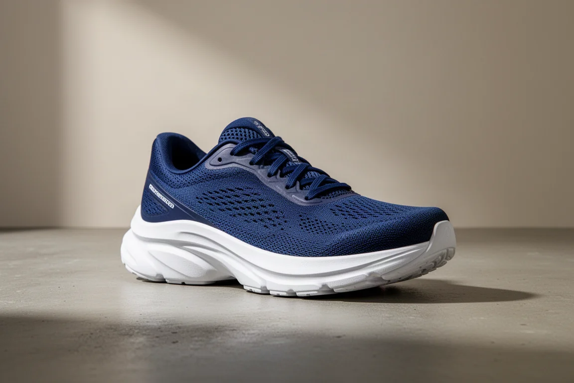 Deep blue stability running shoe with thick white midsole on concrete surface