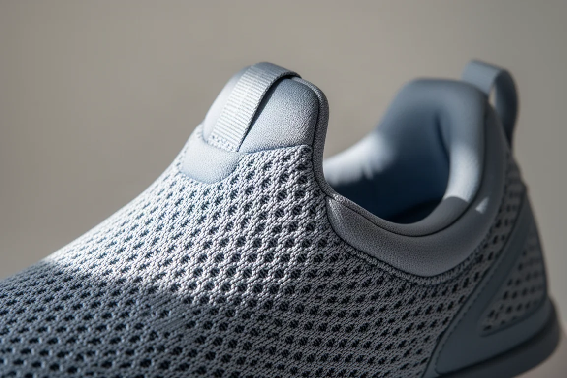 Primo piano di una tomaia in mesh elastico con dettaglio della linguetta imbottita