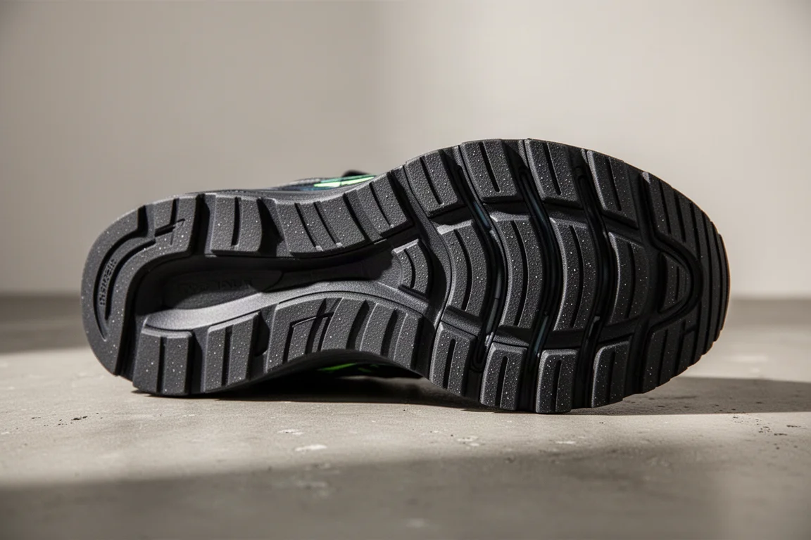 Dettaglio della medesola di una scarpa da running con gli strati di schiuma e lo stack del tallone