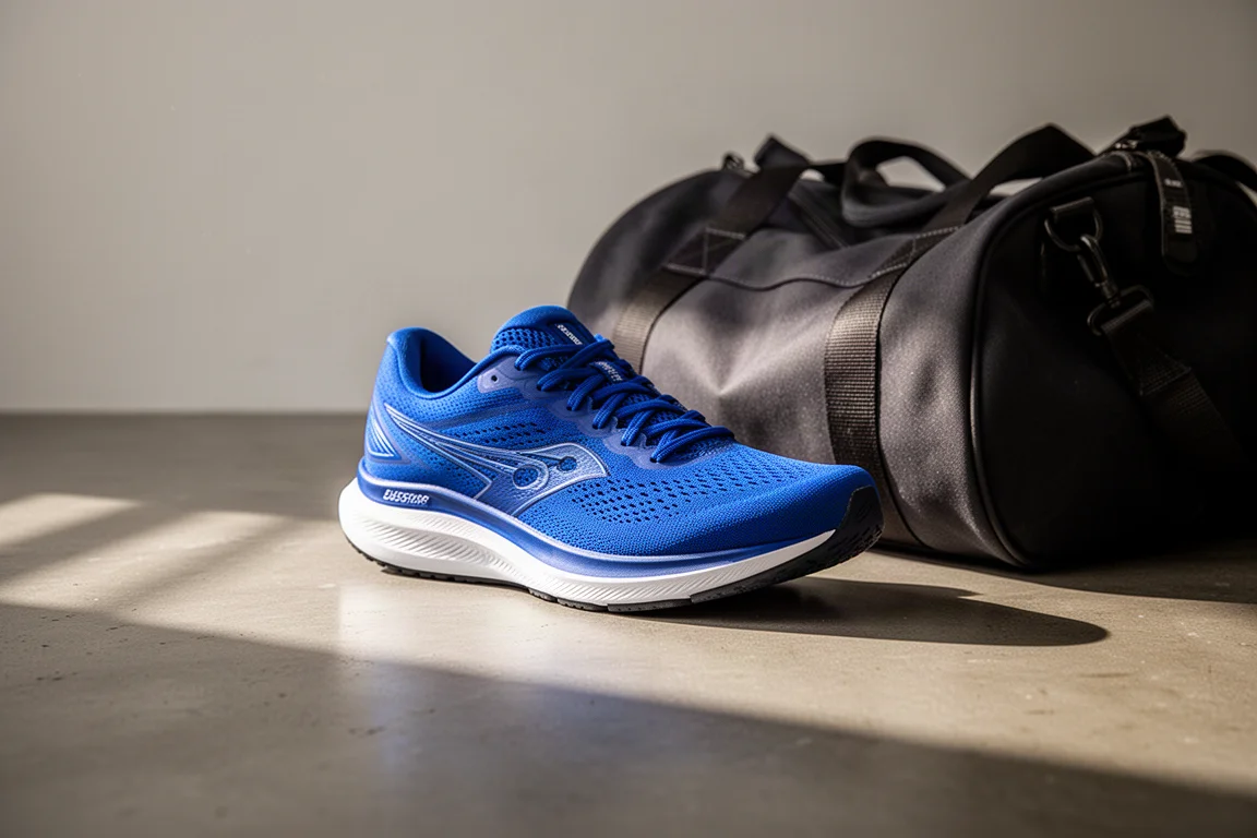 Scarpa da running blu royal appoggiata su una superficie di cemento accanto a una borsa da allenamento