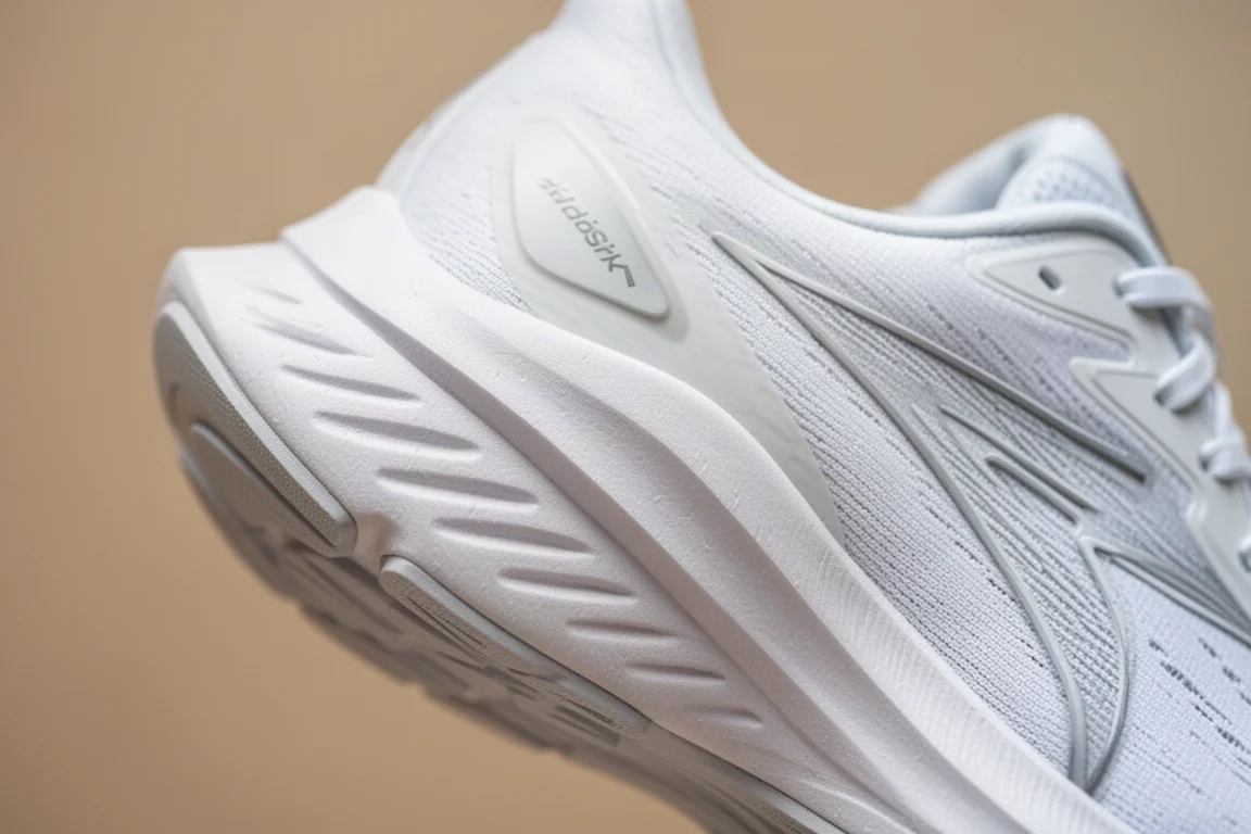 Primo piano dell'intersuola di una scarpa da running con geometria del midfoot in schiuma