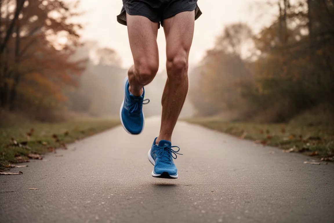 Piedi di un corridore con scarpe blu su una strada lastricata tranquilla all'alba