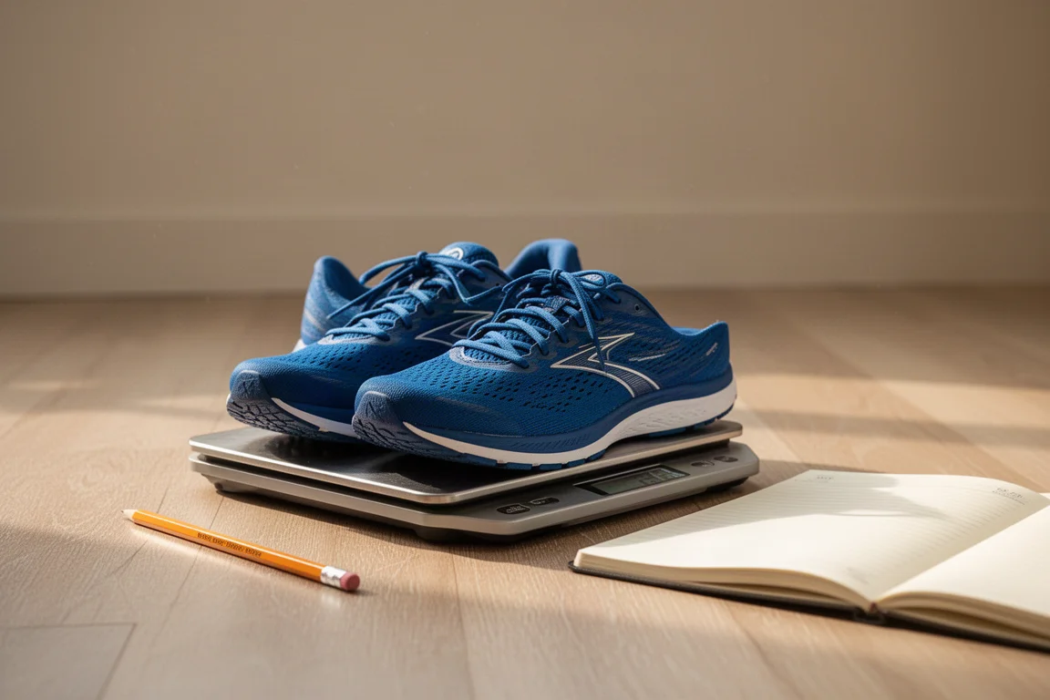 Coppia di scarpe da running blu su una bilancia appoggiata su un pavimento in legno