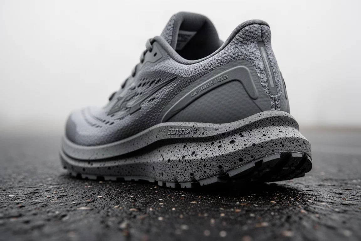 Close-up of a firm running shoe midsole on a dark road surface