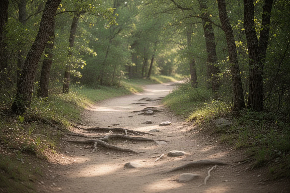 Lightly technical dirt trail with roots winding through green trees