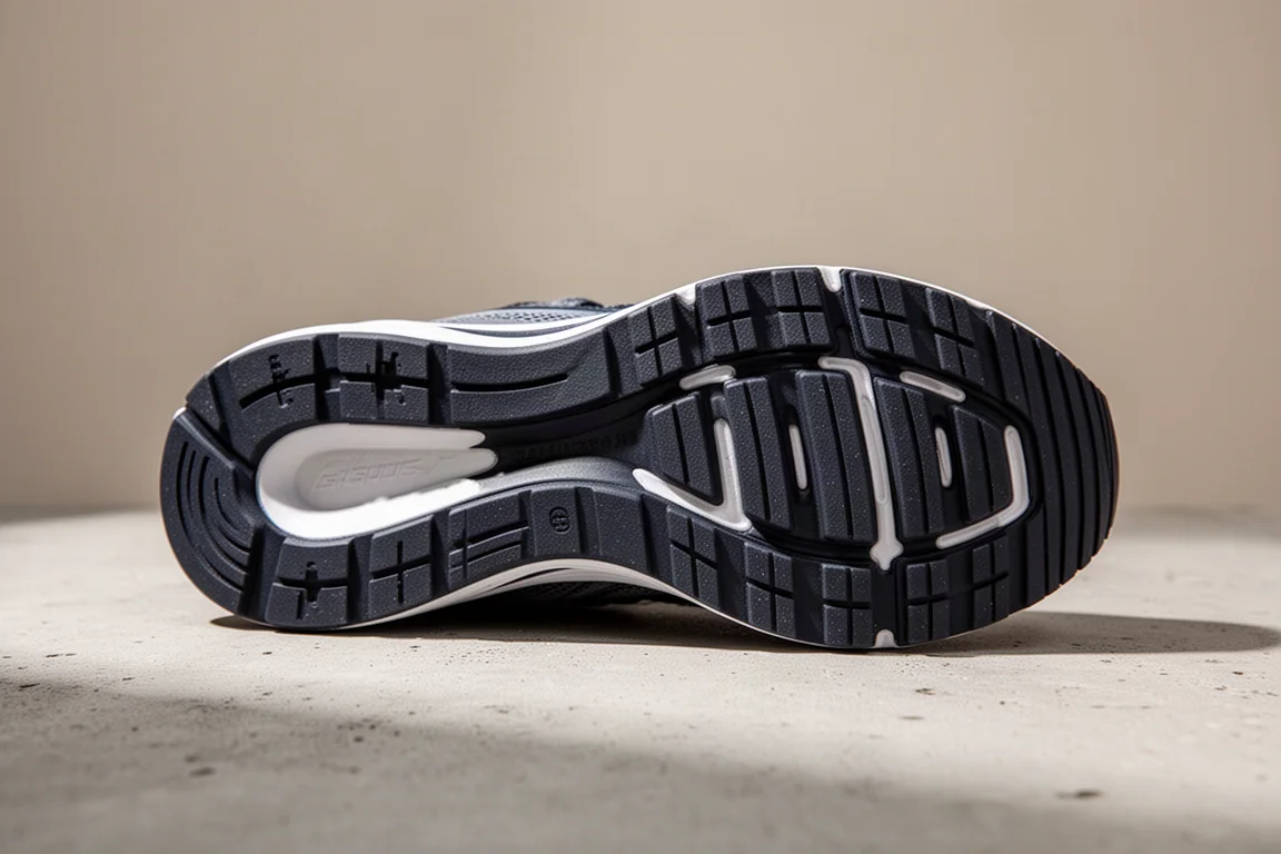 Running shoe outsole showing a thick layer of durable rubber