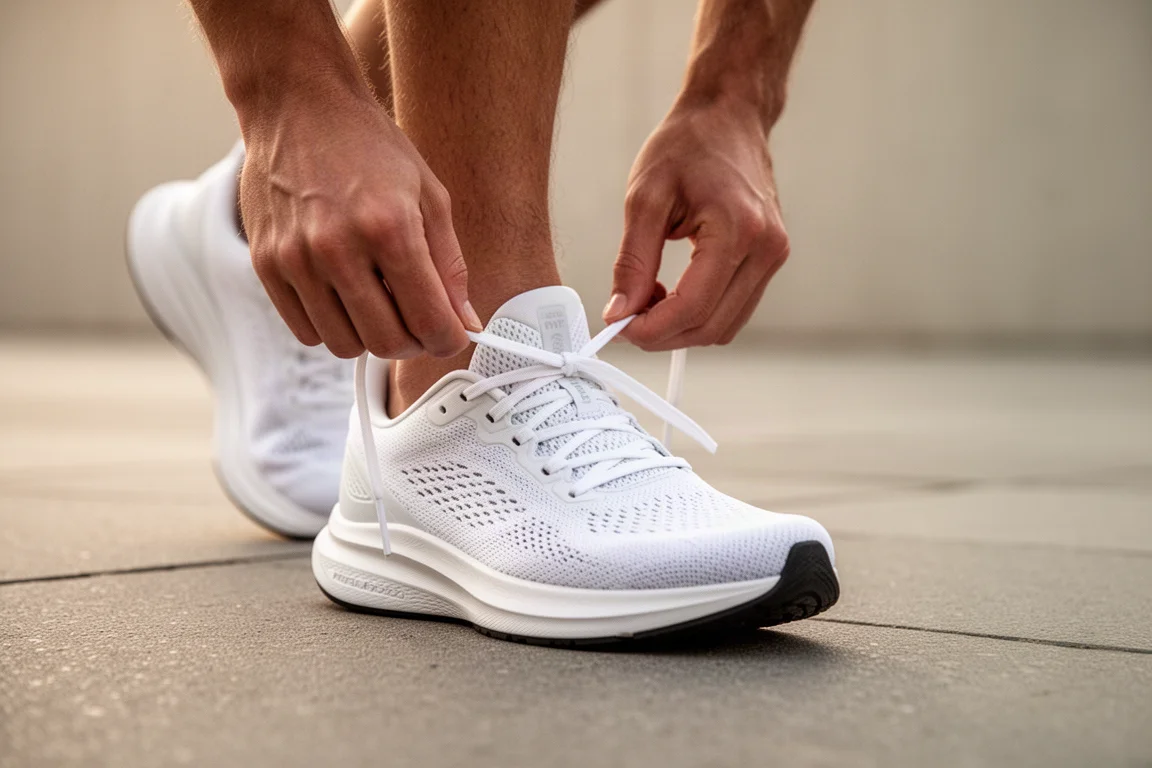 Corredor atándose los cordones de una zapatilla de entrenamiento diaria acolchada en una calle residencial tranquila