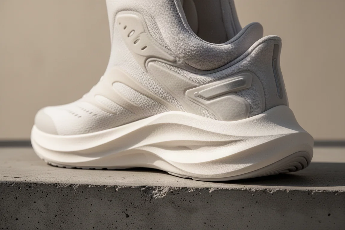 Close-up of the thick rockered midsole of a cushioned running shoe