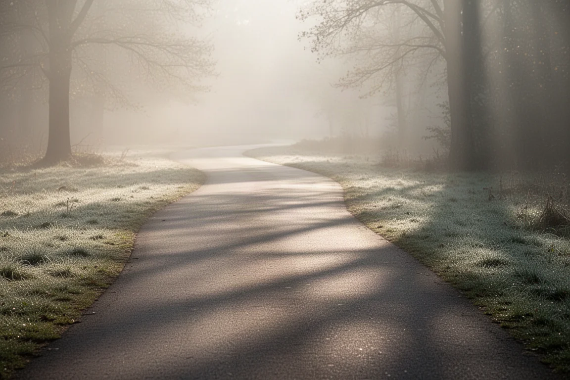 Runner's view of a quiet paved path during an early morning long run
