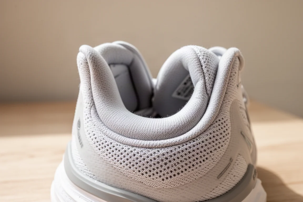 Heel collar and padded tongue of a cushioned running shoe in detail