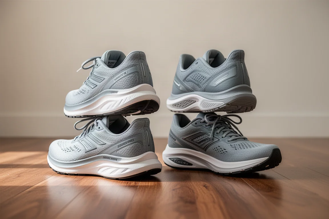 Two cushioned running shoes side by side on a wooden floor