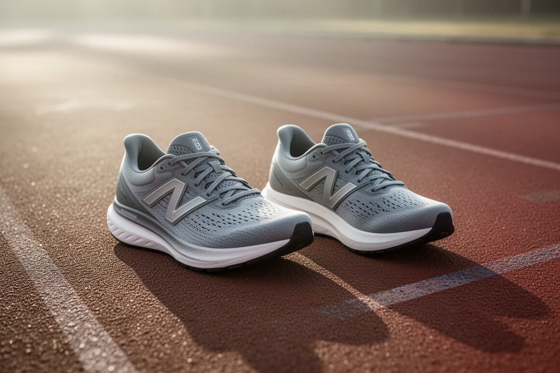 Dos zapatillas de running de gran amortiguación apoyadas sobre una pista en luz matinal