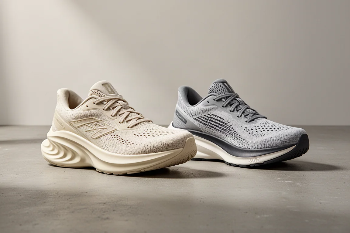 New Balance Balos and Asics Superblast 2 running shoes side by side on concrete