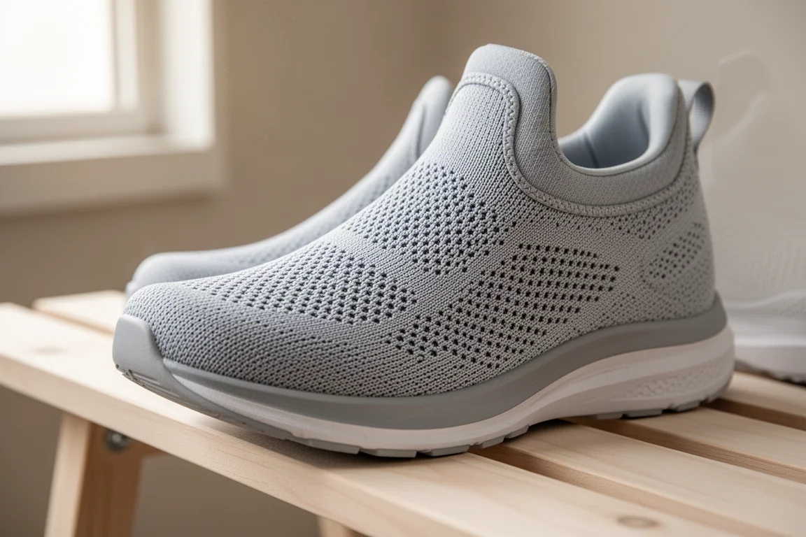 軽量メッシュのランニングシューズアッパーのニットの質感が見える接写