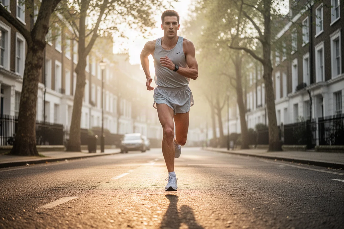 Löpare värmer upp på en solig gata i London inför en halvmarathon