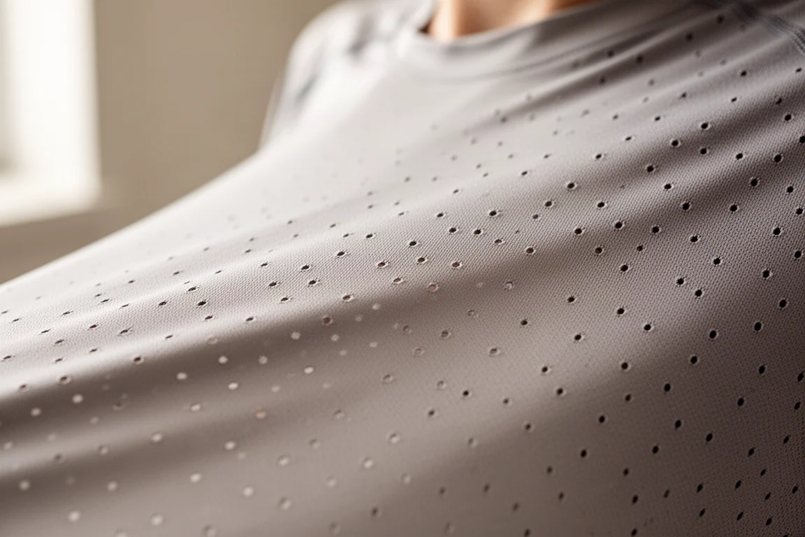 Perforerat tyg i en lopp-t-shirt som visar ventilationsdetaljer