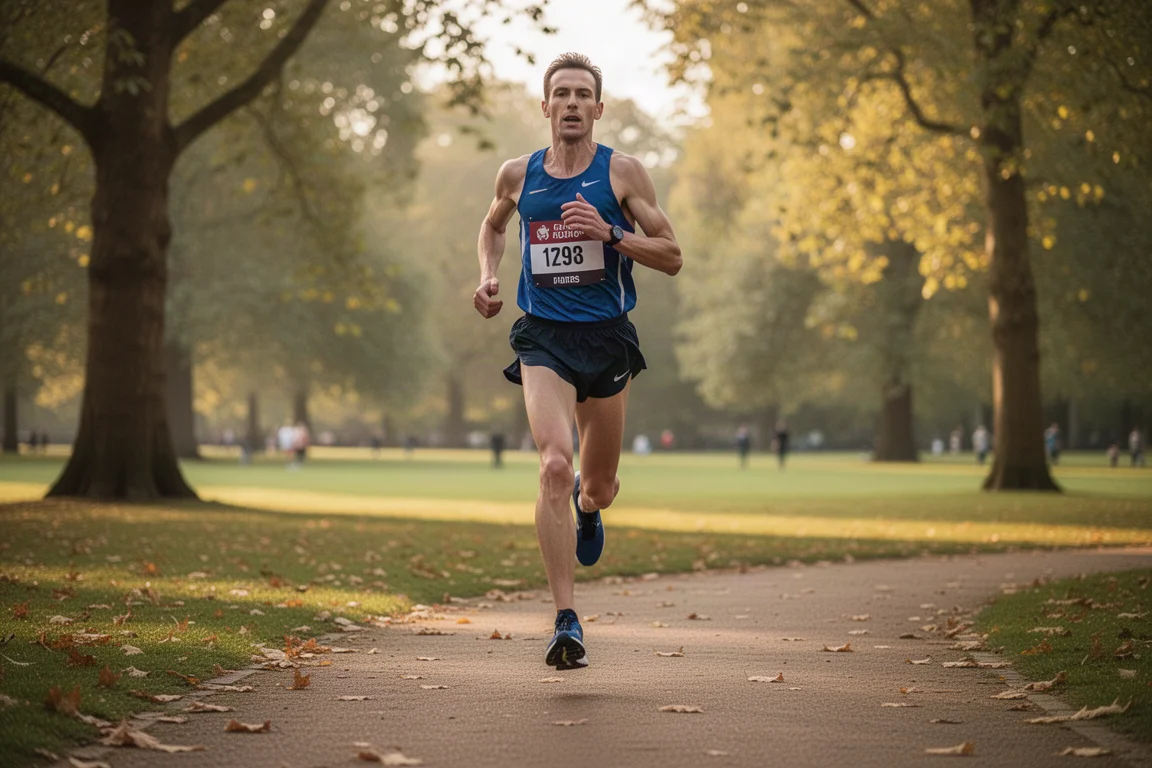 Löpare som går i mål i en halvmarathon i Greenwich Park en varm dag