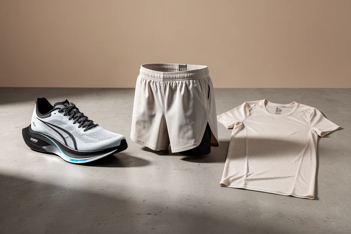 New Balance racing shoe, split shorts and race t-shirt arranged on a concrete surface