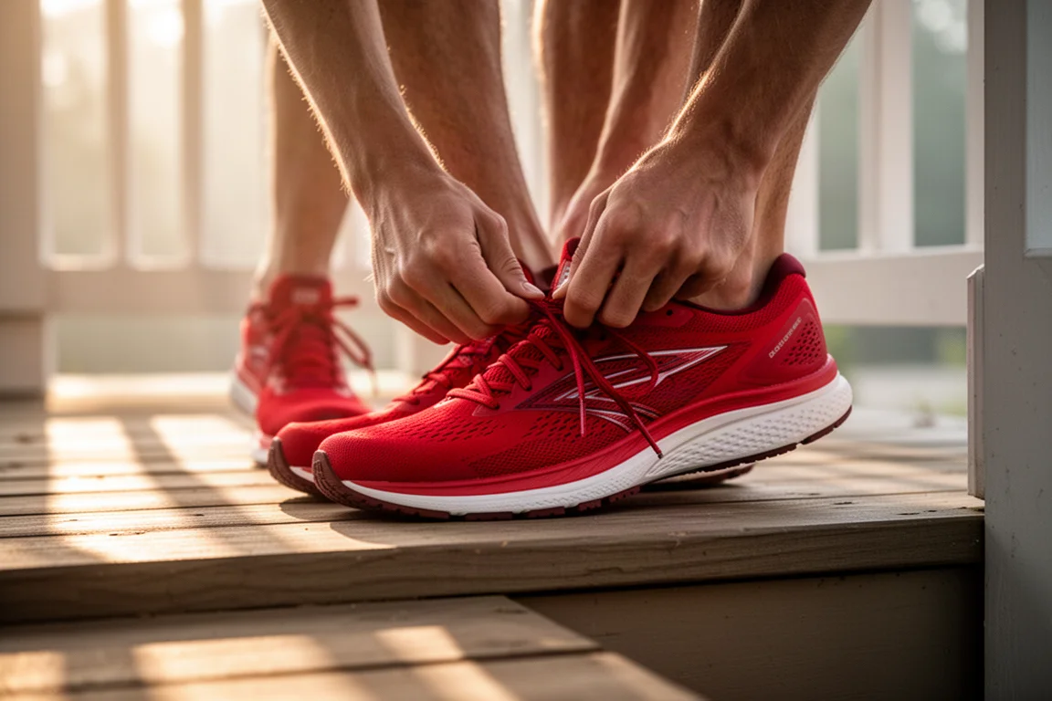 Un corridore allaccia una scarpa da running rossa su un portico prima di una corsa mattutina