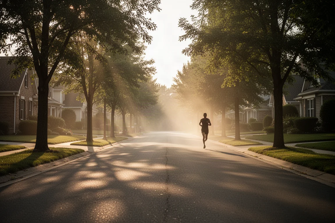Un corridore concluda un lungo allenamento su una strada residenziale silenziosa nel caldo di fine estate