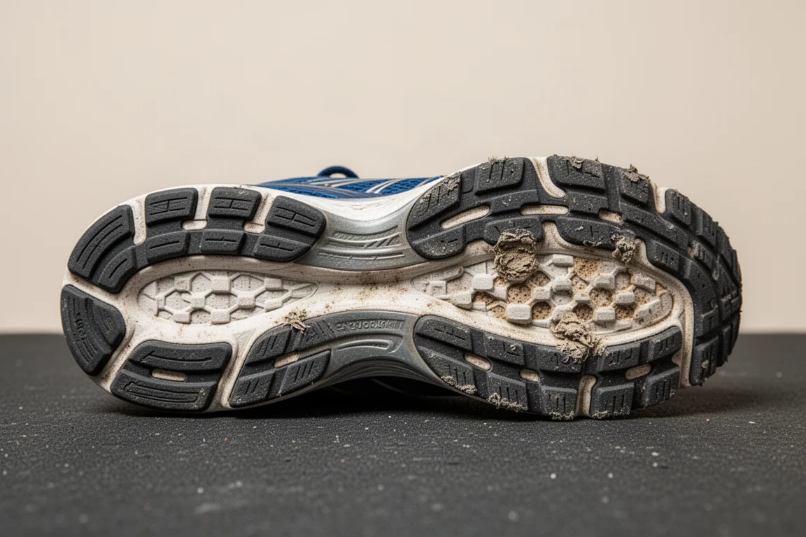 Suola esterna di una scarpa da running usurata con schiuma della suola intermedia esposta dopo 100 miglia