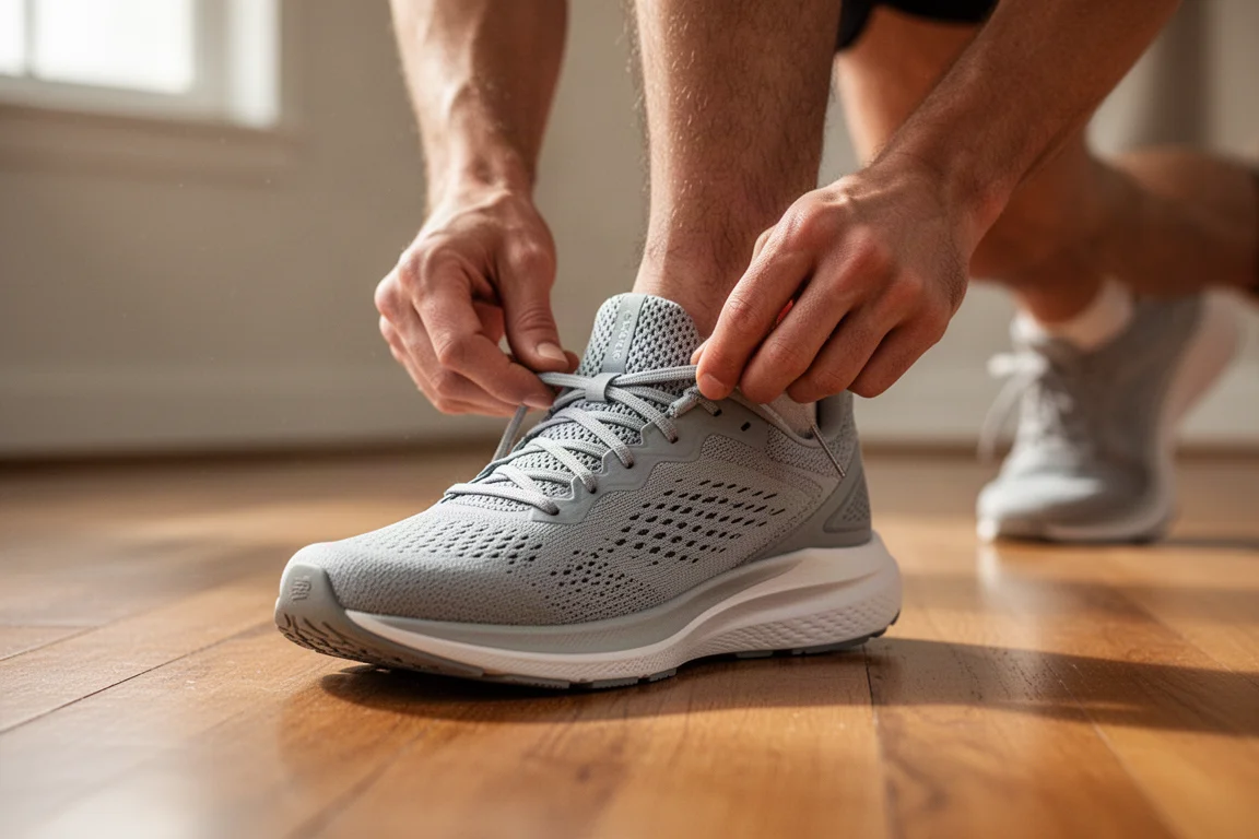 Un runner allaccia una scarpa da running ammortizzata su un pavimento in legno