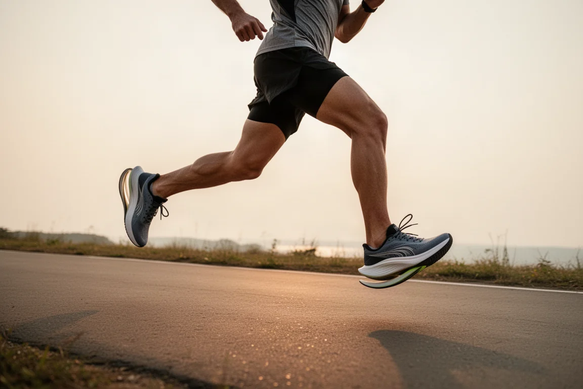 Un runner scorre fluido nella falcata su un sentiero pavimentato