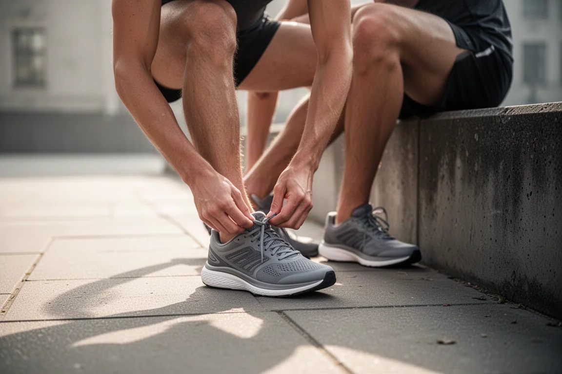 Un runner allaccia un paio di daily trainer New Balance su un marciapiede cittadino
