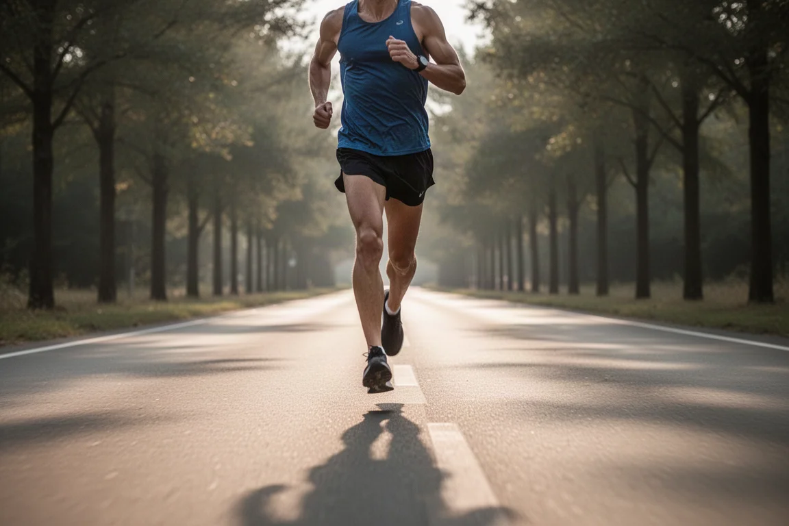 Un runner accelera su una strada aperta a ritmo costante