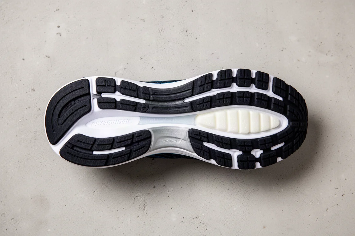 Gomma della suola di una scarpa da running che mostra il battistrada e il midfoot esposto