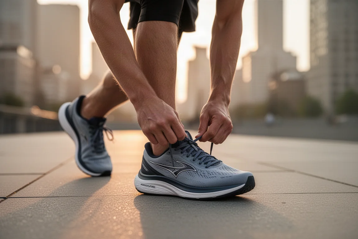 Runner lacing up a comfortable grey and white running shoe on a porch step