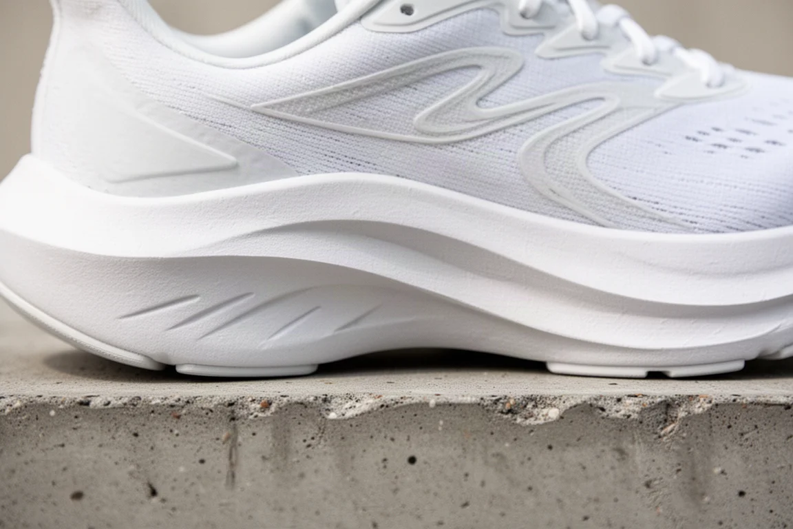 Close-up of a running shoe midsole being pressed by hand to show softness