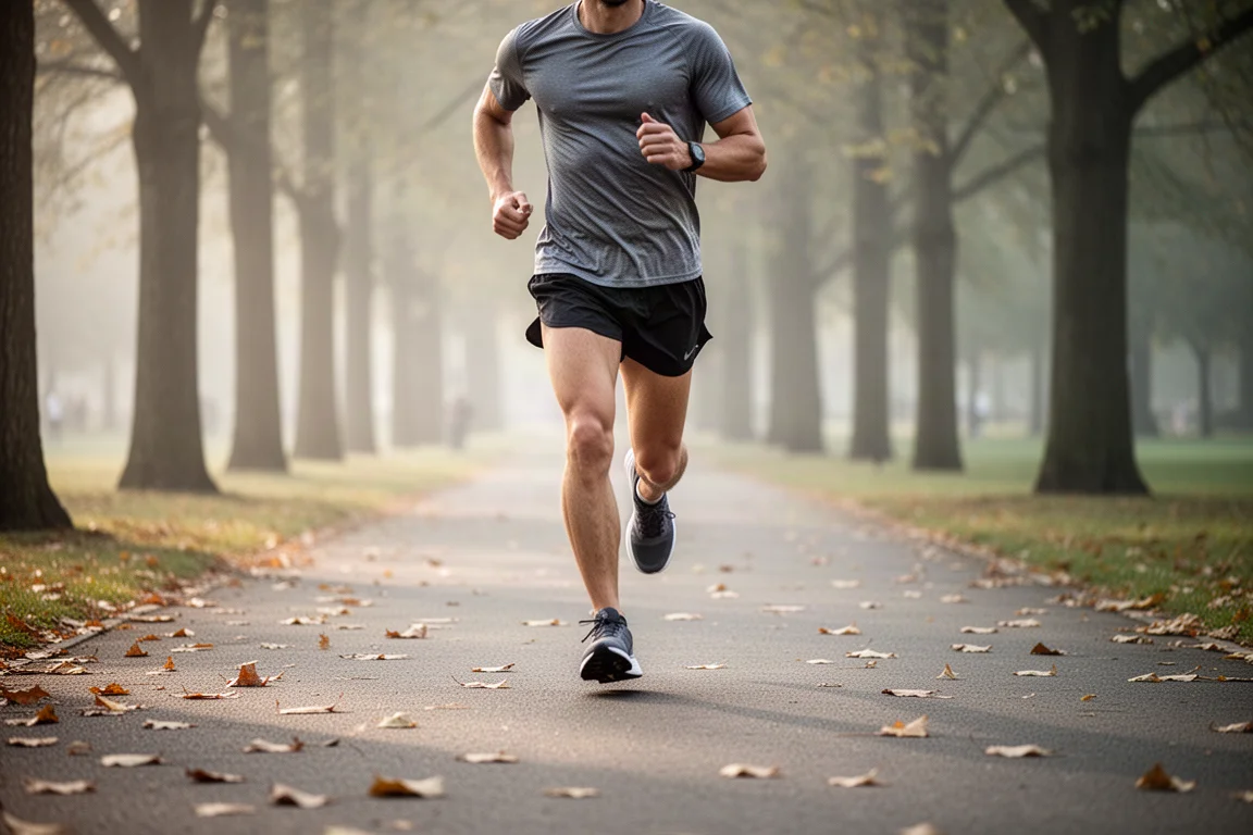Runner jogging at an easy pace along a tree-lined suburban path